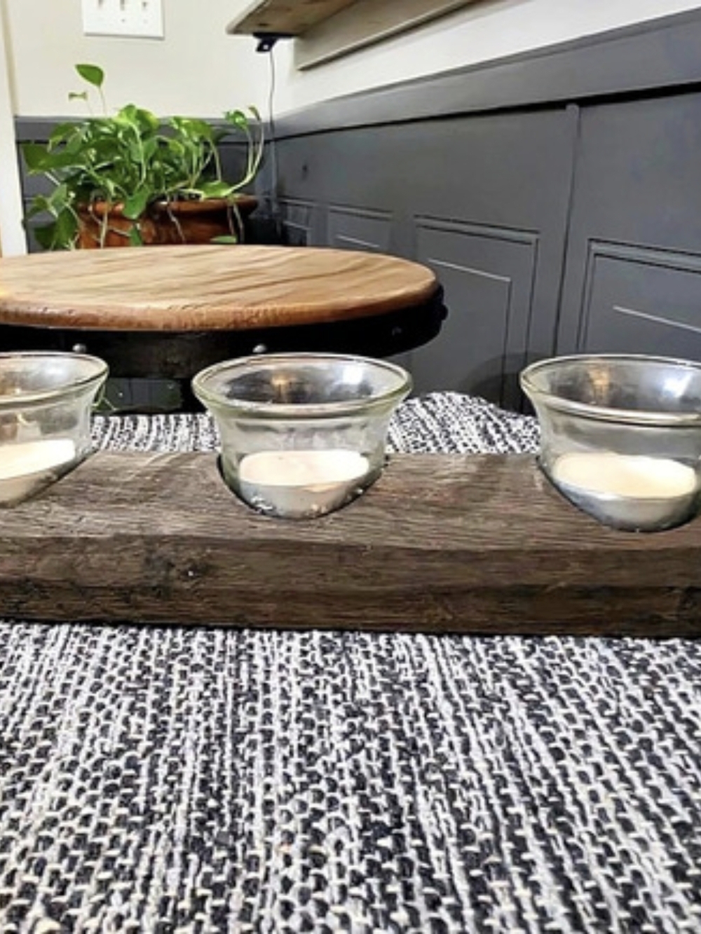 Three-Cup Wooden Candle Holder in Brown & Clear
